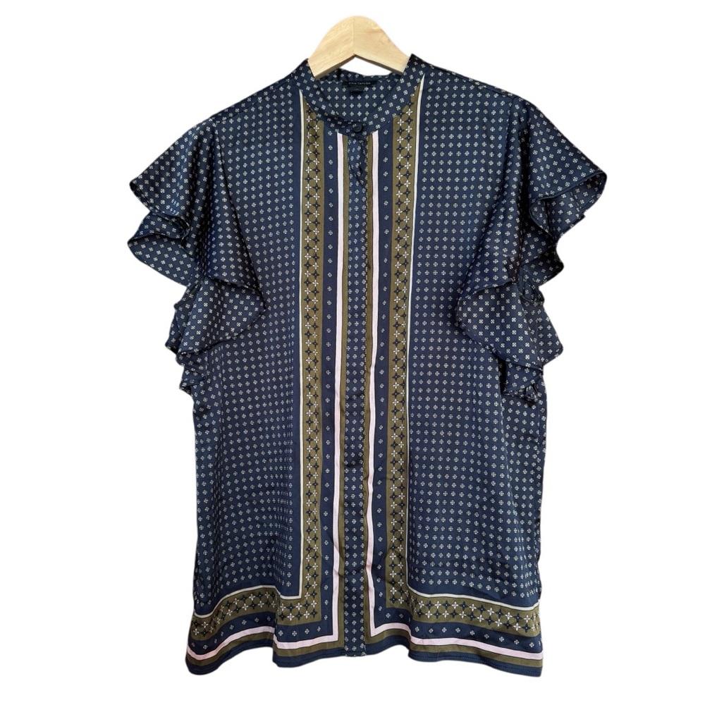 Ann Taylor Flutter Sleeve Silky Blouse Top Navy Blue Floral Size Medium